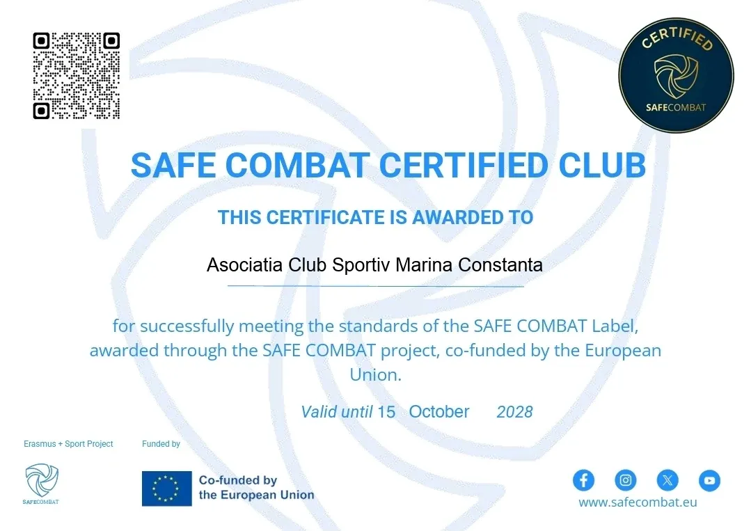 Certificatul SAFE COMBAT Certified Club acordat Asociației Club Sportiv Marina Constanța, valabil până la 15 octombrie 2028